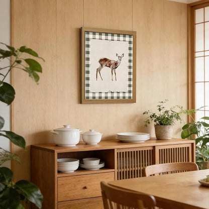 CXQILVER Vintage Framed Deer Wall Art Canvas Painting, Woodland Fawn Prints Wall Decor, Green Gingham Rustic Farmhouse Animal Artwork Pictures for Living Room Bedroom Bathroom Nursery Decor 16x24 Inch