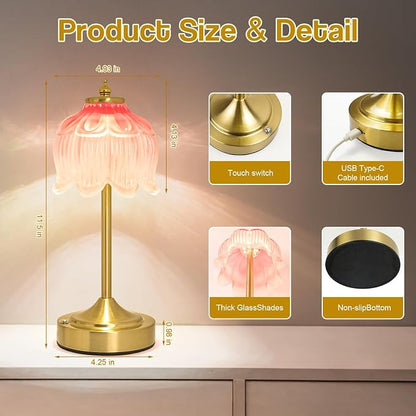 Cordless Lotus Flower Table Lamp, 5200mAh Rechargeable Battery Operated Portable Lamp, 3-Color Dimmable Touch Control Small Desk Lamp for Bedroom, Office, Kitchen, Nightstand,Room Decor (Pink)