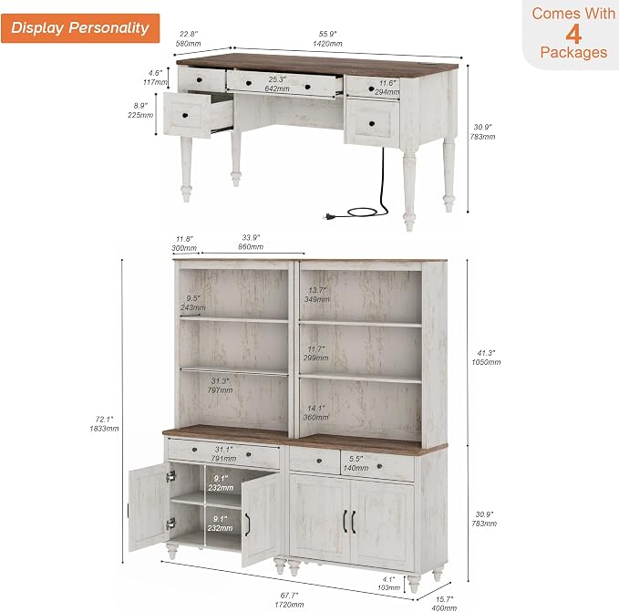WAMPAT Home Office Furniture Set, 56" Executive Desk with Charging Station, 72" Tall Bookcase with 4 Wooden Doors, Wood Computer Desk with File Cabinet Storage, Open Shelf, Rustic White