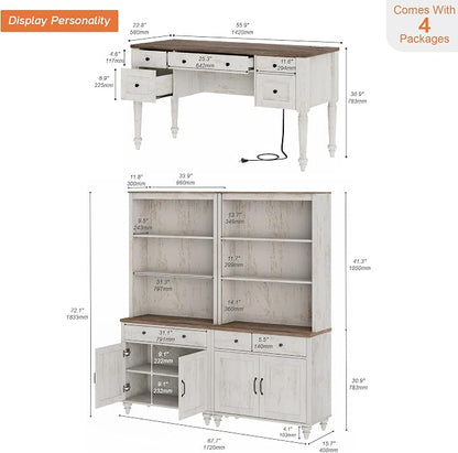 WAMPAT Home Office Furniture Set, 56" Executive Desk with Charging Station, 72" Tall Bookcase with 4 Wooden Doors, Wood Computer Desk with File Cabinet Storage, Open Shelf, Rustic White