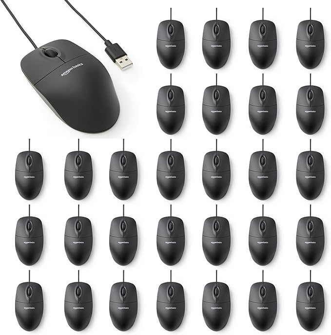 Amazon Basics 3-Button USB Wired Computer Mouse, Black, 30-Pack