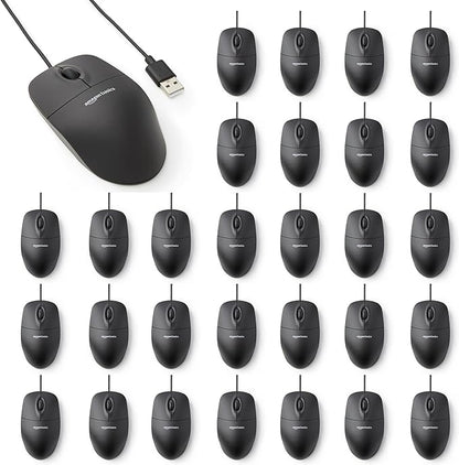 Amazon Basics 3-Button USB Wired Computer Mouse, Black, 30-Pack