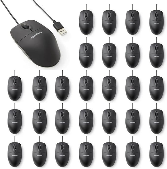 Amazon Basics 3-Button USB Wired Computer Mouse, Black, 30-Pack