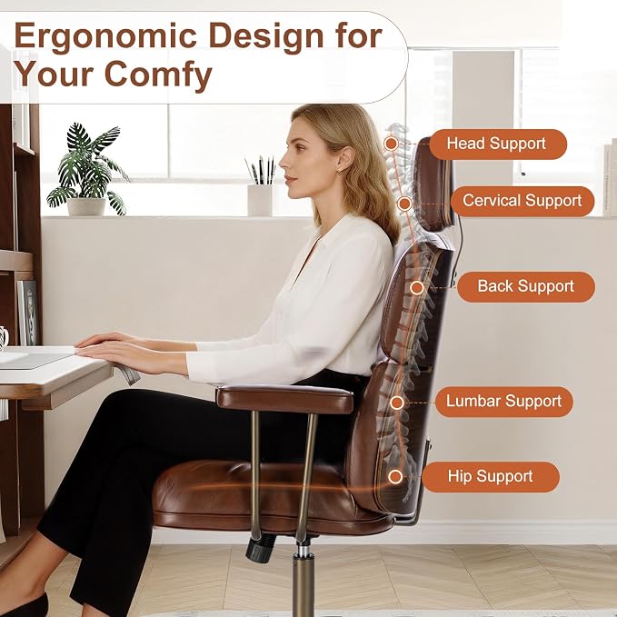 Mid-Century Modern Ergonomic Office Chair,High Back Faux Leather Executive Desk Chair with Walnut Bentwood & Headrest,Adjustable Swivel Computer Chair for Home Office,Brown