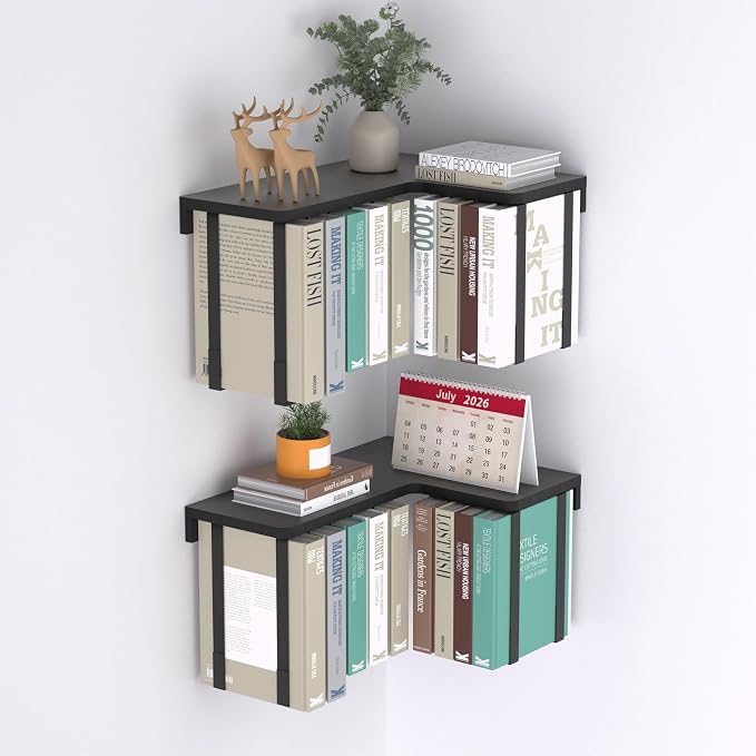 L-Shaped Corner Floating Shelves Set of 2, Floating Book Shelves for Wall | Pine Wood Wall Mount Floating Bookshelf with Hanging Strap Holds 9 Books, Hanging Hookshelf Display Shelf for Home Wall Decor