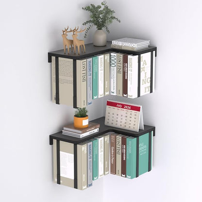 L-Shaped Corner Floating Shelves Set of 2, Floating Book Shelves for Wall | Pine Wood Wall Mount Floating Bookshelf with Hanging Strap Holds 9 Books, Hanging Hookshelf Display Shelf for Home Wall Decor