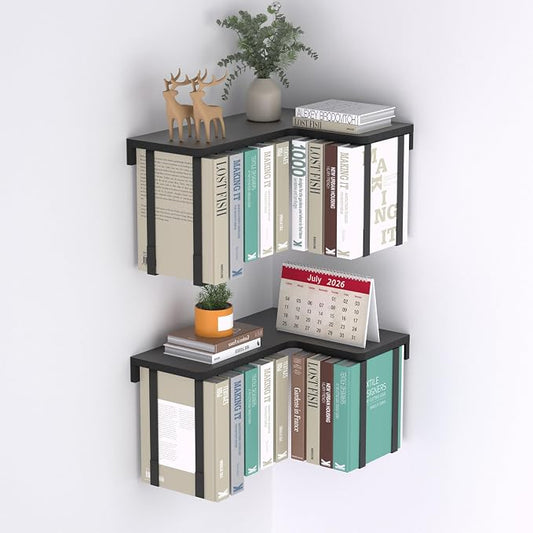 L-Shaped Corner Floating Shelves Set of 2, Floating Book Shelves for Wall | Pine Wood Wall Mount Floating Bookshelf with Hanging Strap Holds 9 Books, Hanging Hookshelf Display Shelf for Home Wall Decor