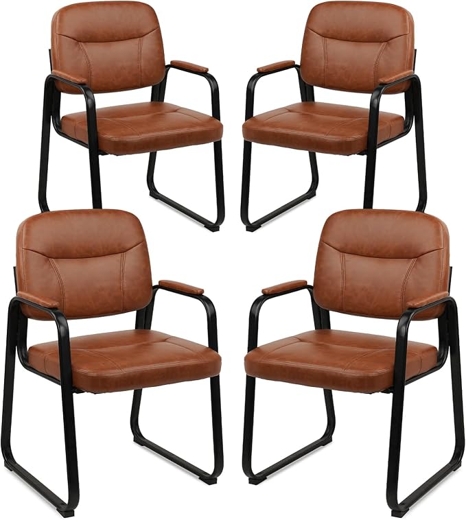 CLATINA Waiting Room Guest Chair with Bonded Leather Padded Arm Rest for Office Reception and Conference Desk Black with Sled Base Brown 4 Pack