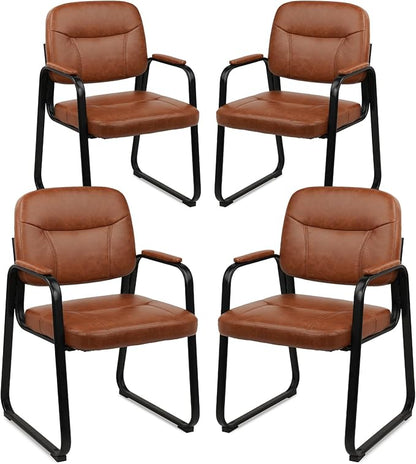 CLATINA Waiting Room Guest Chair with Bonded Leather Padded Arm Rest for Office Reception and Conference Desk Black with Sled Base Brown 4 Pack