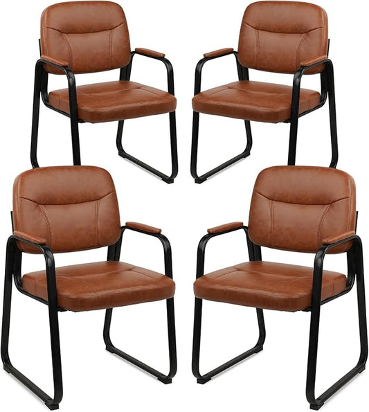 CLATINA Waiting Room Guest Chair with Bonded Leather Padded Arm Rest for Office Reception and Conference Desk Black with Sled Base Brown 4 Pack