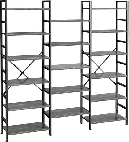 SUPERJARE Triple Bookshelf, Bookcase with 17 Open Display Shelves, Wide Book Shelf Book Case for Home & Office, 6 Tier, Grey