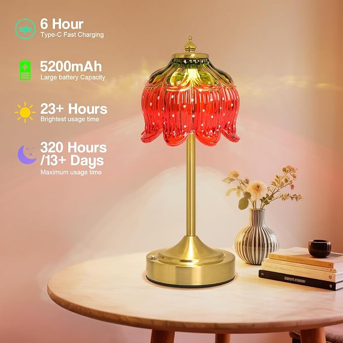 Cordless Lotus Flower Table Lamp, 5200mAh Rechargeable Battery Operated Portable Lamp, 3-Color Dimmable Touch Control Small Desk Lamp for Bedroom, Office, Kitchen, Nightstand,Room Decor (Strawberry)