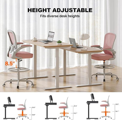 Synorla Ergonomic Drafting Chair, Tall Mesh Office Chair with Flip-up Armrests, Lumbar Support & Adjustable Footrest Ring for Standing Desk Gray Pink