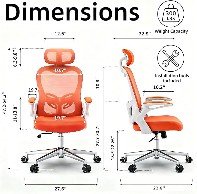 Office Chair, Ergonomic Breathable Mesh Chair,Flip-Up Arms and Adjustable High Back Lumbar Support,Comfy Computer Chair for Home Office (Orange, 407)