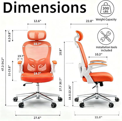 Office Chair, Ergonomic Breathable Mesh Chair,Flip-Up Arms and Adjustable High Back Lumbar Support,Comfy Computer Chair for Home Office (Orange, 407)