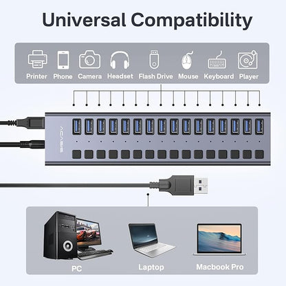 Powered USB 3.2 Hub, ACASIS 16 Ports USB 3.2 Hub with 10Gbps Data Speed，Aluminum Housing, USB Hub Powered with 96W Power Adapter, USB Hub for PC/Laptop, Computer, Flash Drive, Printer, Camera