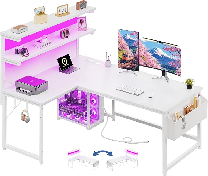 DurayLoly L Shaped Desk Computer Desk with LED Light & Power Outlet, 43.3 Inch Reversible White Desk with Shelf & Storage Bag & Hook for Home Office, White