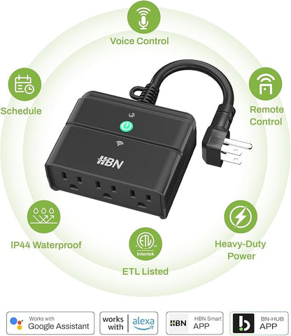 HBN Outdoor Smart Plug,Wi-Fi & Bluetooth Heavy Duty Outlet with 3 Independent Outlets,Compatible with Alexa and Google Assistant,IP44 Waterproof,Voice & APP Control Outlet,No Hub Required,ETL Listed