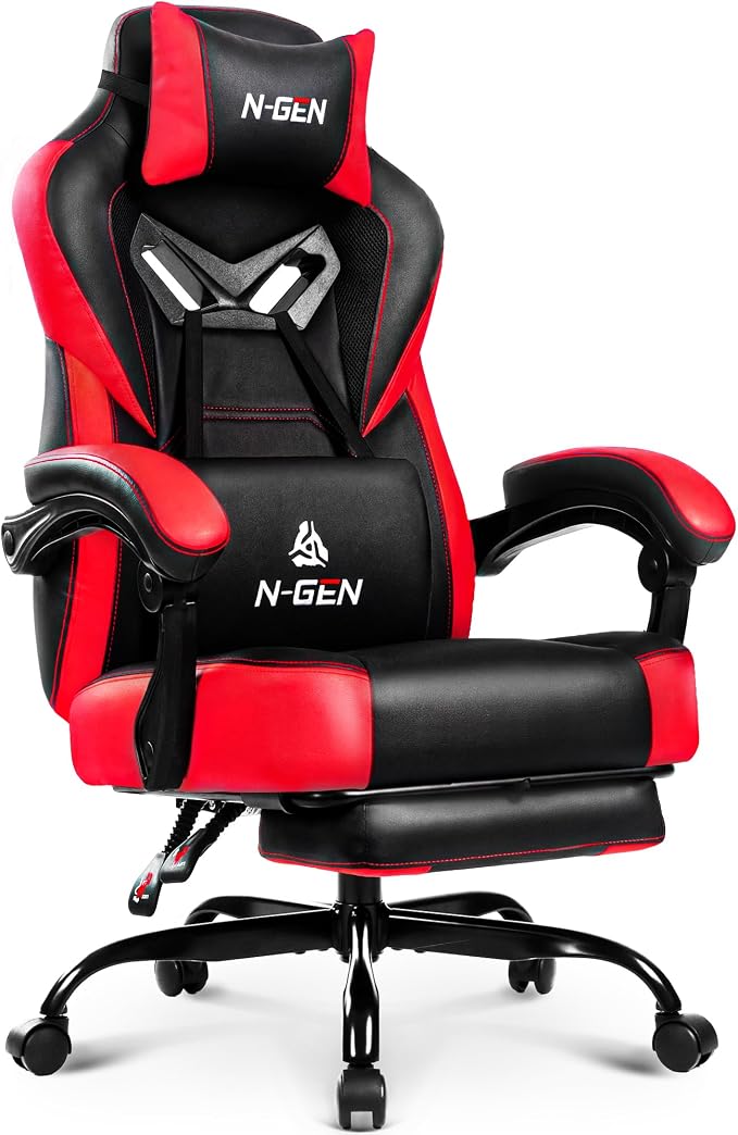 N-GEN GAMING Gaming Chair Big and Tall Computer Heavy Duty Office Desk Chair with Footrest Ergonomic Lumbar Support High Back Recliner for Adults (Red)