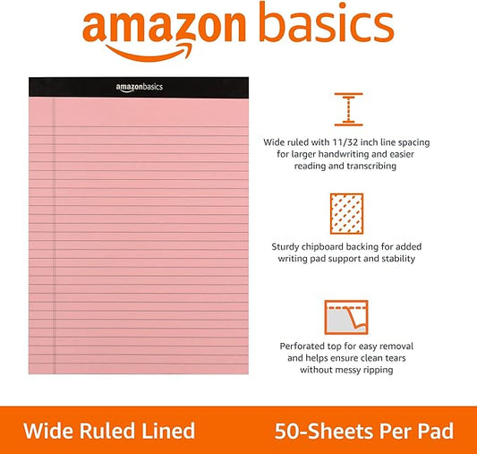 Amazon Basics Wide Ruled Lined Writing Note Pads with Sturdy Back, 8.5" x 11.75", Multicolor, 6-Pack, 300 Sheets, Perforated
