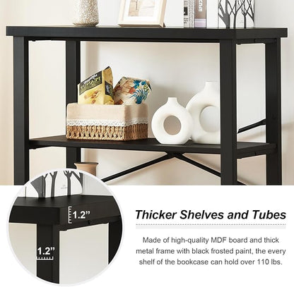 HOMBAZAAR 3 Tier Bookshelf,Black Industrial Book Shelf,Engineered Wood and Metal Small Bookcases,Low Shelf Bookcase for Living Room,Office,Bedroom and Kitchen