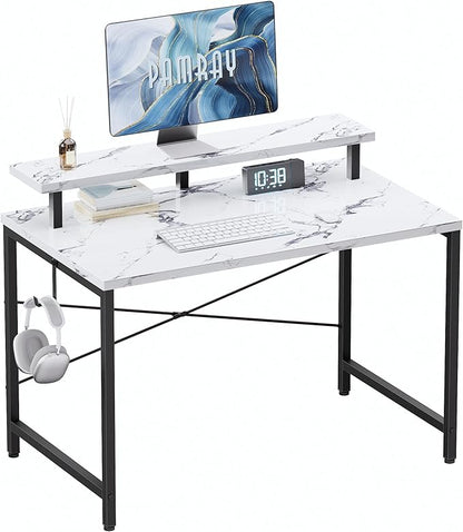 Pamray 32 Inch Small Computer Desk with Monitor Stand, Simple Office Desk with Headphone Hook for Small Spaces, Kids Study Writing Table for Bedroom, Marble