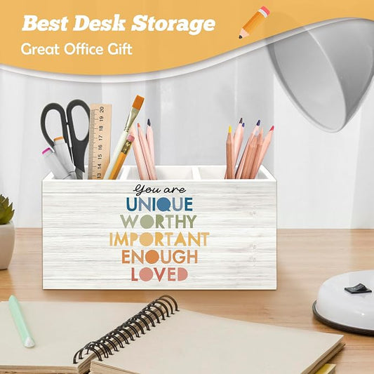Mental Health Pen Holder Organizer for Desk Accessories, Inspirational Wooden Box Sign Desk Decorations for Therapy Counselor Office Classroom Decor,Mental Health Gifts