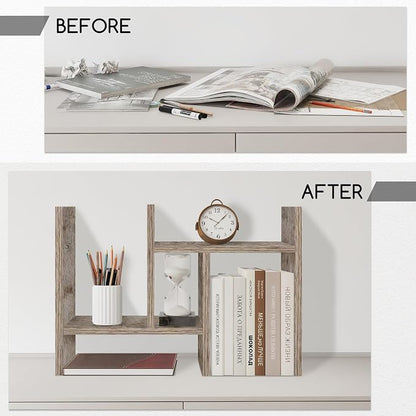 Jerry & Maggie Desktop Organizer Office Storage Rack Adjustable Wood Display Shelf Free Style Double H, Multi-Functional Mini Bookshelf for Desk Natural Stand (Gray Oak/2 Pack)