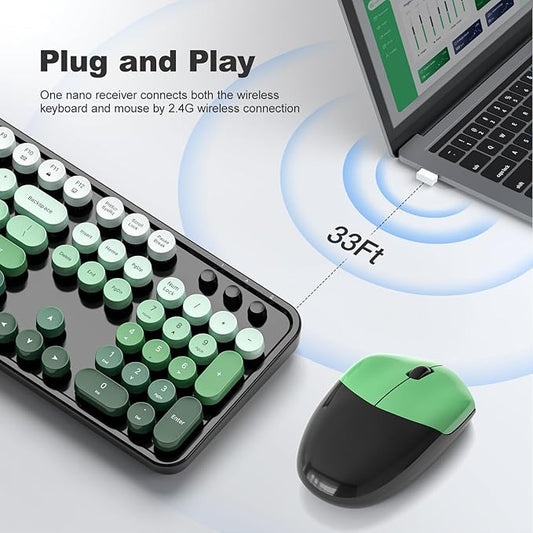 MOFII Wireless Keyboard and Mouse Combo, Full Size 2.4G Plug and Play Typewriter Retro Round Computer Keyboard and Mouse Set for Windows, Computer, Desktop, PC, Notebook - (Black Green Gradient)