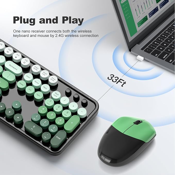 MOFII Wireless Keyboard and Mouse Combo, 2.4GHz Retro Typewriter Keyboard Full Size, Cute Wireless Mice, USB Dongle Plug and Play, for Laptop, PC, Desktop, Windows (Black Green Gradient Color)