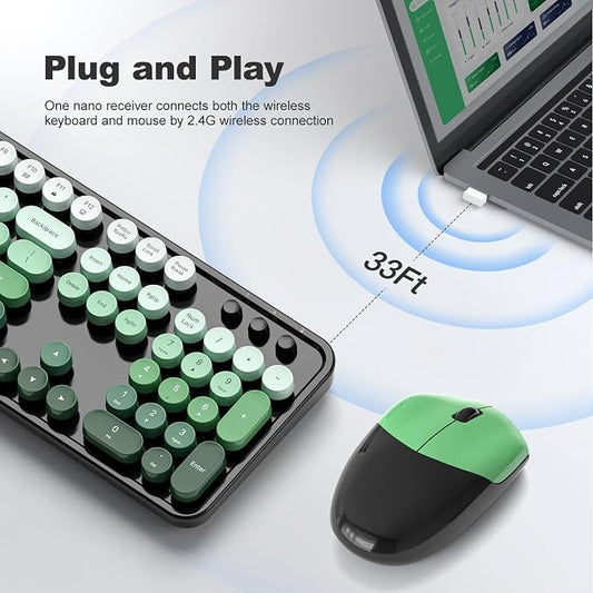 Wireless Keyboard and Mouse Combo, MOWUX Full Size Typewriter Retro Round Computer Keyboard, Cute Optical Mouse Wireless, Plug and Play, for Laptop, PC, Computer-Green Gradient Colorful