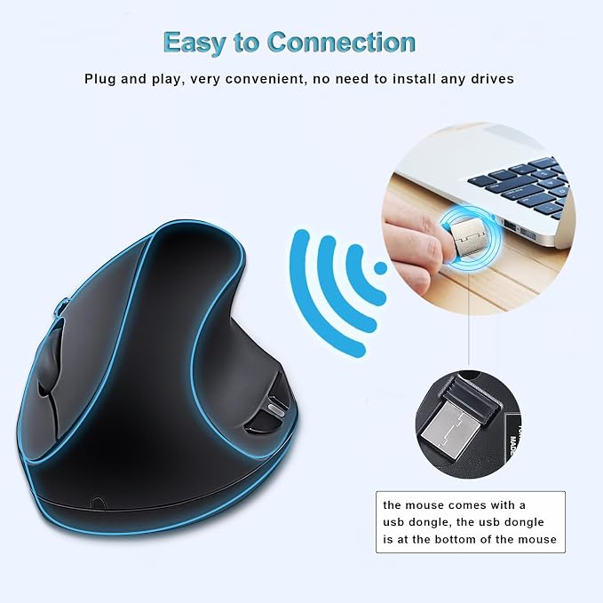 SUNGI Ergonomic Wireless Mouse,Vertical Mouse 2.4GHz Optical Mice with Adjustable DPI for Carpal Tunnel Right Hand,Black