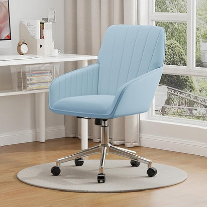 YISHENG Velvet Office Desk Chair with Silver Base, with Wheels,Modern Height Adjustable 360 Degree Swivel Upholstered Vanity Chairs with Arms for Living Room Bedroom,Light Blue