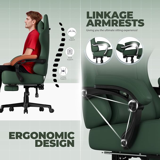 GTPLAYER Big and Tall Gaming Chair 400lbs Heavy Duty Office Chair with Footrest, High Back Pocket Spring Ergonomic Computer Chair for Adults, Wide Seated Cushion with Linkage Armrests, Leather Green