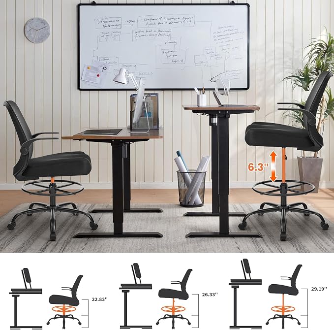 Drafting Chair 500LBS – Tall Office Chair with Adjustable Height & Foot Ring for Standing Desk, Ergonomic Mesh Chair with Flip-Up Armrests, Thick Curved Seat for Home Office & Creative Work