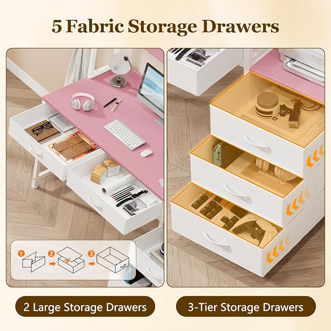 YOMILUVE Reversible Computer Desk with Hutch, Home Office Desk with 5 Drawers and Bookshelf, 52'' Study Writing Desk with Storage Shelves for Bedroom Home Office, Pink