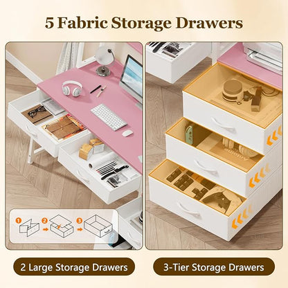 YOMILUVE Reversible Computer Desk with Hutch, Home Office Desk with 5 Drawers and Bookshelf, 52'' Study Writing Desk with Storage Shelves for Bedroom Home Office, Pink