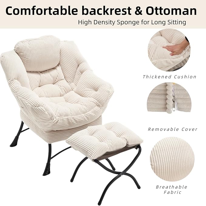 Modern Lazy Chair with Ergonomic Ottoman, Comfortable Lounge Chair with Footrest for Space Saving, Comfy Reading Armchair for Living Room, Bedroom, Office, White