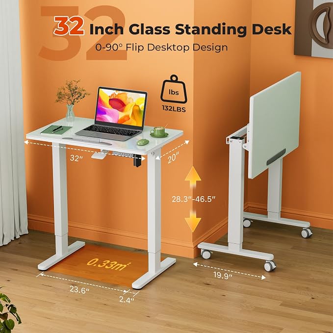 32inch Glass Standing Desk，90° Tiltable Mobile Rising Desk Height Adjustable，Whole Piece Rolling Sit Stand Table with Wheels，Foldable Small Laptop Desk，White