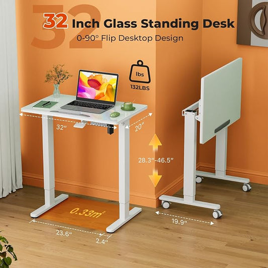 32inch Glass Standing Desk，90° Tiltable Mobile Rising Desk Height Adjustable，Whole Piece Rolling Sit Stand Table with Wheels，Foldable Small Laptop Desk，White