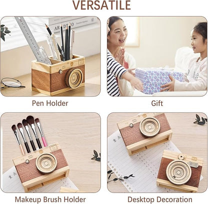 Vintage Wooden Camera Pencil Holder – Retro Desk Organizer for Pens & Stationery, Unique Photography Gift for Photographers, Creative Wooden Pen Holder for Office & Home Decor (Single slot)