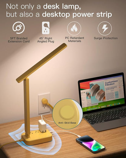 Addtam LED Desk Lamp, Power Strip with 3 Outlets 4 USB Charging Ports(2 USBC), 4 Modes 5 Level Brightness Touch Lamp, Small Desk Lamp for Home Office College Dorm Room Essentials, Yellow