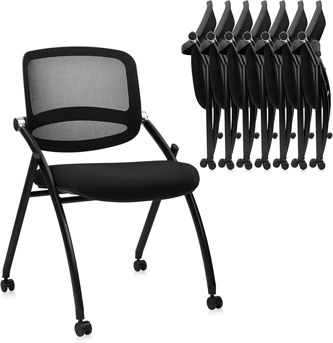 CLATINA Stackable & Foldable Conference Chair with Wheels, Ergonomic Mesh Back,300lbs Capacity, Breathable Padded Seat, Armless Office Chair for Reception, Training, Home Office, Black, 8PK