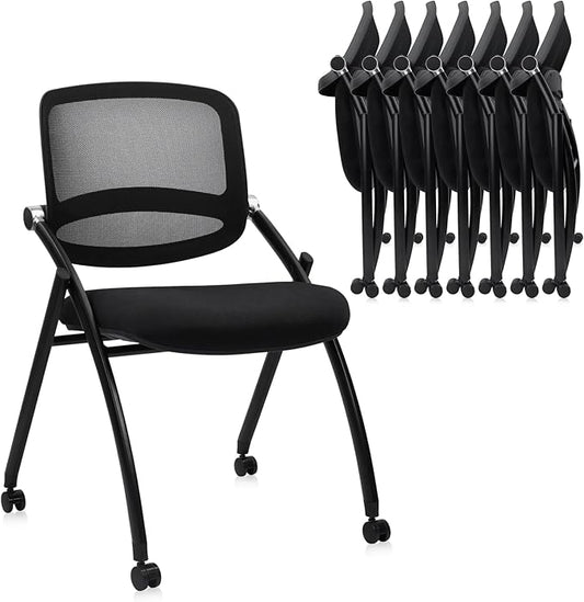 CLATINA Stackable & Foldable Conference Chair with Wheels, Ergonomic Mesh Back,300lbs Capacity, Breathable Padded Seat, Armless Office Chair for Reception, Training, Home Office, Black, 8PK