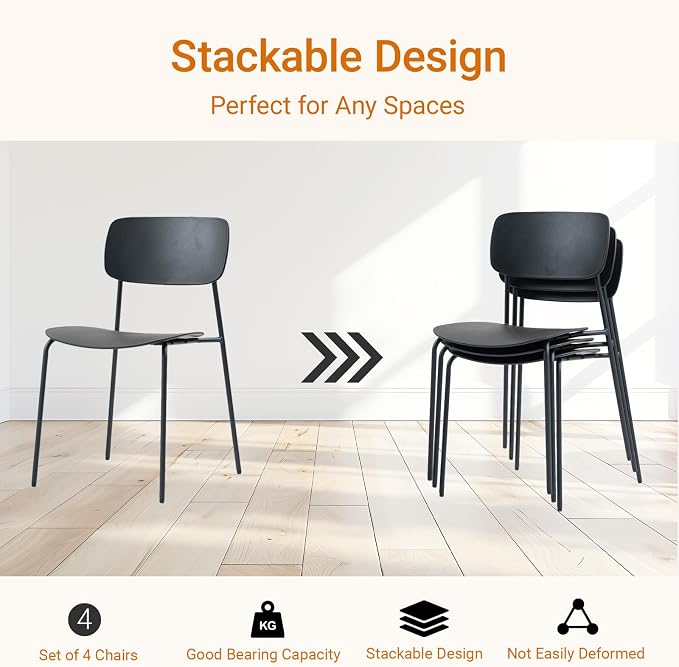 Sidanli Stackable Chairs Set of 4, Waiting Room Chairs with Metal Legs and Ergonomic Plastic Seat, Stacking Office Chairs for Conference Reception Church Banquet, Black