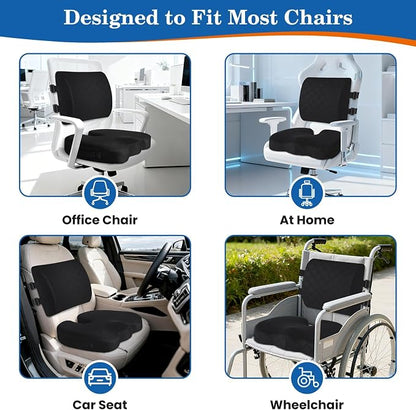 TushGuard Back&Seat Cushion, Car Seat Office Chair Cushions, Breathable Memory Foam Lumbar Back Support Pillow, Portable Airplane Seat Cushion for Travel, Computer Desk, Wheelchair, Driving (Black)