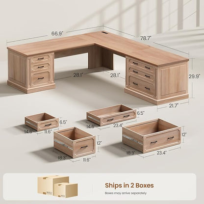 SEDETA Farmhouse 78.8" L Shaped Desk with 6 Drawers, Home Office Desk with Power Outlet, File Cabinet Storage, Wood Corner Computer Desk for Work and Study, Oak