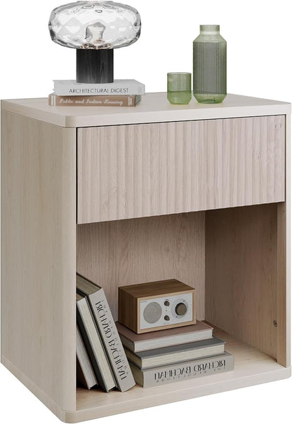 WLIVE Night Stand, Wood Nightstand with Storage Drawer and Open Shelf, Fluted Bedroom Nighstand, Mid Century Bed Side Table, End Tables Living Room, Dorm, Home Office, White Alder
