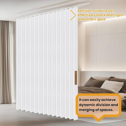 JILRON Hanging Accordion Room Divider with Track System - Ceiling-Mounted Partition Curtain, Simple Installation(White 180" W x 96" L-Pack of 1)