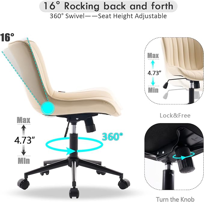 YOUNIKE Ergonomic Home Office Desk Chair with Wheels Comfy Armless Vanity Chair with Adjustable Back Modern Leather Upholstered Swivel Computer Chair Small Cute Rolling Task Chair for Women Beige